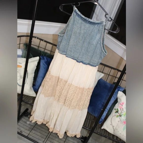 Boho Embroidered Denim & Lace Midi Dress | Tiered Cottagecore Dress - Picture 2 of 3